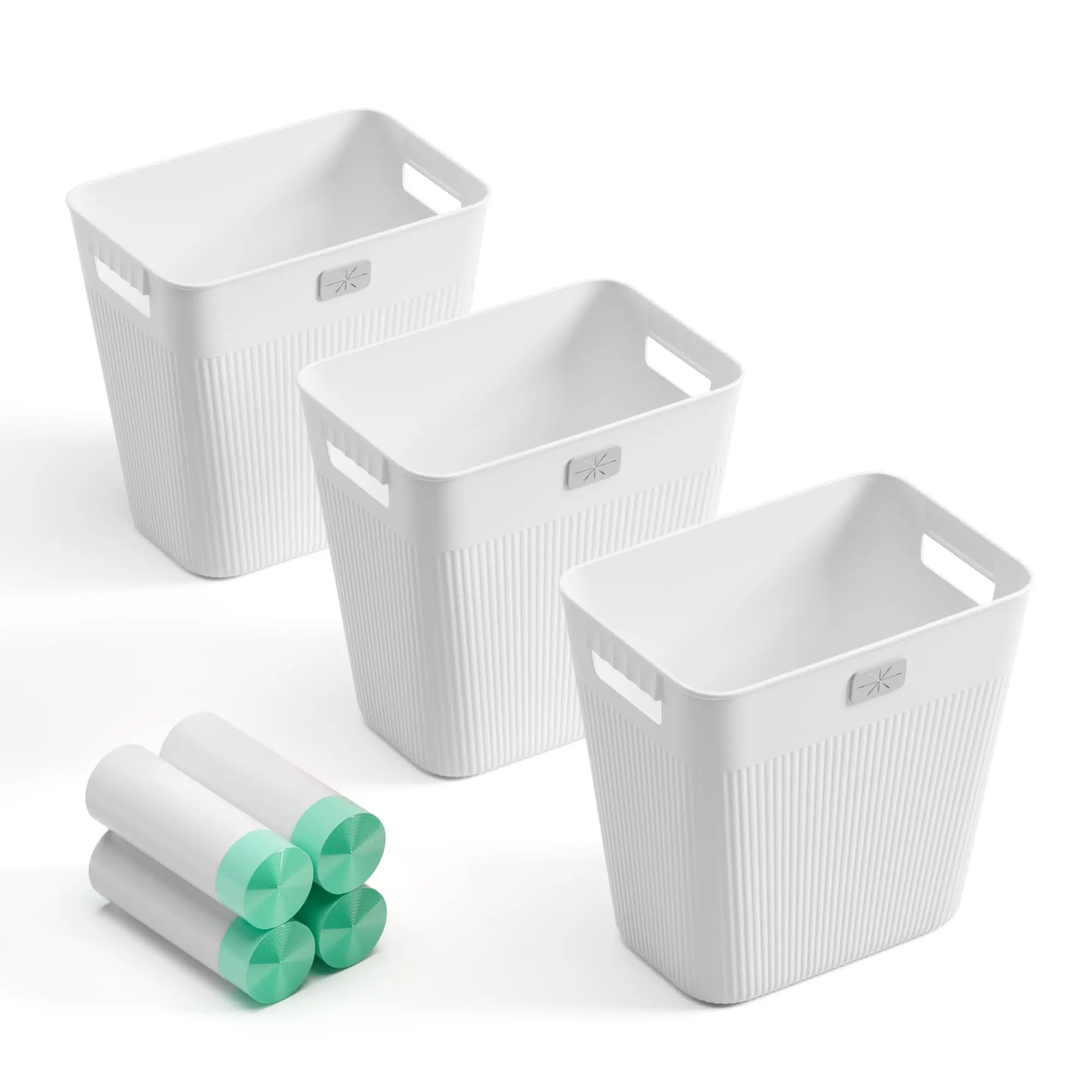 Slim Plastic Trash Can 3-Pack, 2.2 Gal Wastebasket with 4 Rolls of Bags, White for Bathroom, Bedroom