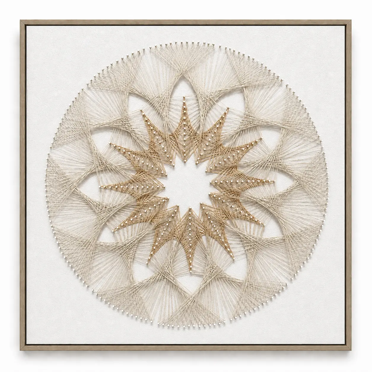 32" Square Wood Mandala String Art - Handcrafted 3D Nail & Thread Wall Picture, Artistic Brown-on-Cream Geometric Designs, Japanese Zen Meditation Decoration