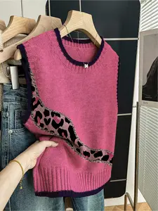 1 Piece Women's Loose Sleeveless Crew Neck Knitted Top with Dark Blue Trim, Pink Color Block & Leopard Print, Spring & Summer Back-to-School Casual Style, Can Be Worn Alone or with a Vest, Suitable for Daily Outdoor Wear Womenswear Knitwear