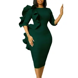 Ruffle African Dresses for Women Casual Green Bodycon Dress with 3/4 Sleeves and Ruffle Detail