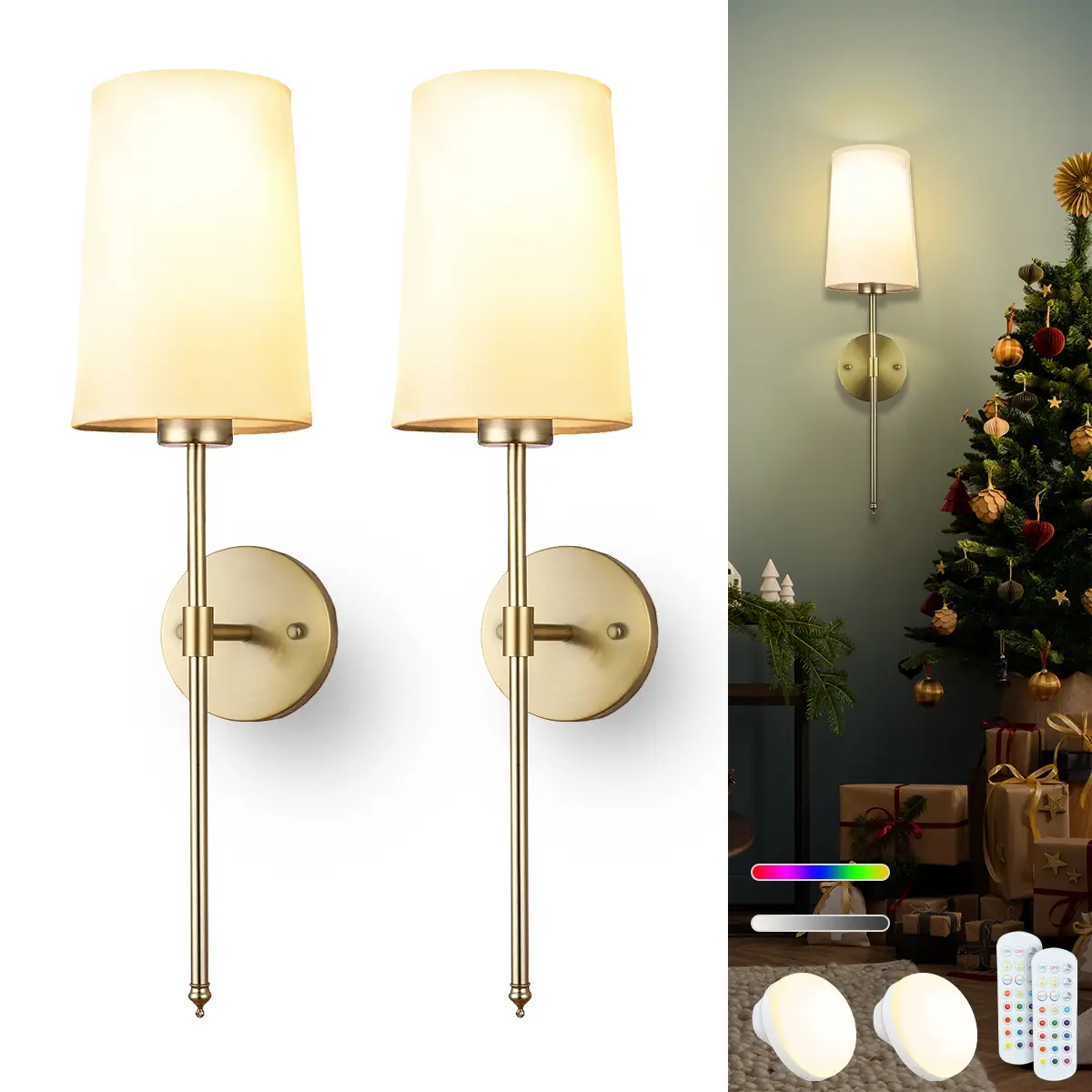 Battery Operated Wall Sconce Set of 2 with Remote Control,White Fabric Shade Wall Lights with Dimmable 15 RGB Rechargeable LED Light Bulb for Bedroom