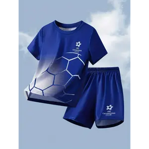 Little Boy Casual Football Pattern Round Neck Short Sleeve T-Shirt and Shorts Sports Suit, Perfect for Outdoor