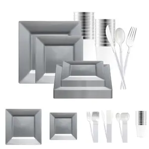 Silver Square Disposable Plastic Tableware Set