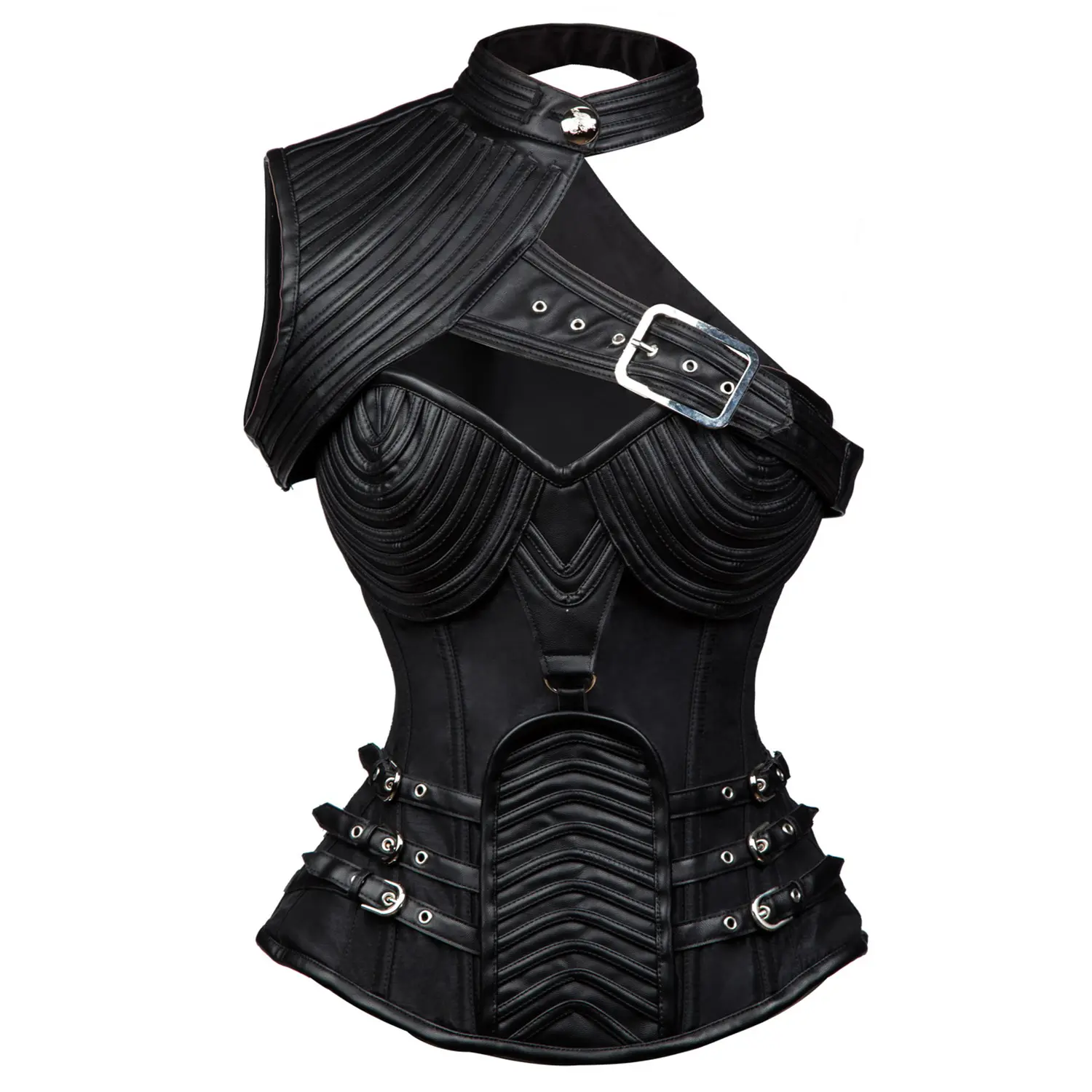 Charmian Women's Heavy Strong Steel-Boned Steampunk Goth Corset - Satin-Faux Leather Blend, Zippered, Drawstring Tie Back, Medieval Armor Fantasy Role Play Party Costume