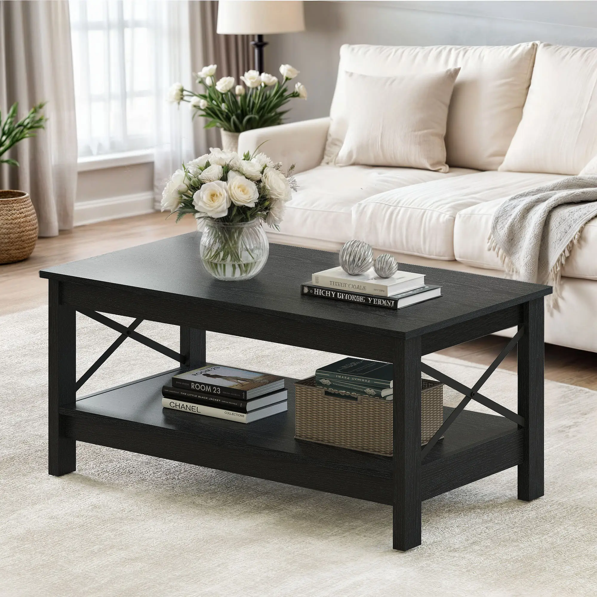 YITAHOME Coffee Table for Living Room,Modern Farmhouse Table with Storage,2-Tier Center Table for Living Room, Accent Cocktail with Sturdy Frame,Black