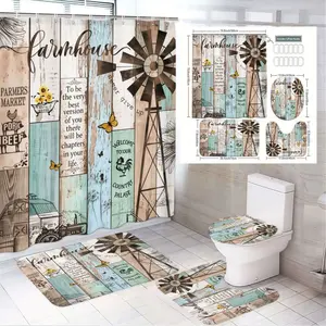 1/4pcs Farmhouse Bathroom Set 4 Piece, Rustic Shower Curtain Sets with Windmill Rooster Sunflower Potbeet Sign, Matching Bath Mat Toilet Lid Cover & Small Rug, Turquoise Brown Weathered Wood Country Decor - Perfect for Spring/Summer Country Palace Bathr