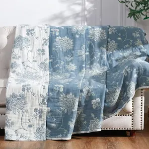 Boho 100% Cotton Muslin Twin Size 50x60 Inches Blanket Lightweight 4-Layer Quilted Soft Blue and White Floral Throw Blanket Green Accents Reversible Comfy Flower Breathable Summer Couch