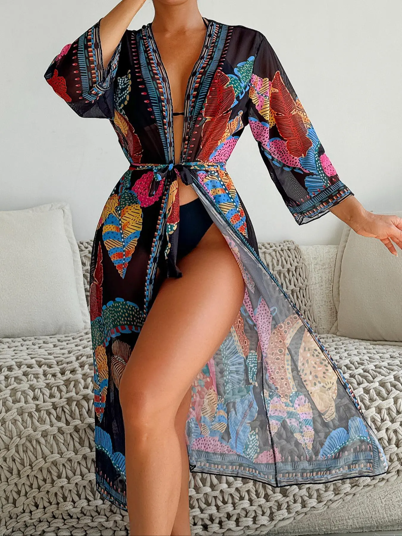 New Arrival Printed Waist Belted Long Sleeve Loose-Fit Sun Protection Cover-Up, Summer Beach Fashion Women's Top, All Seasons Wear, Beach Coverups