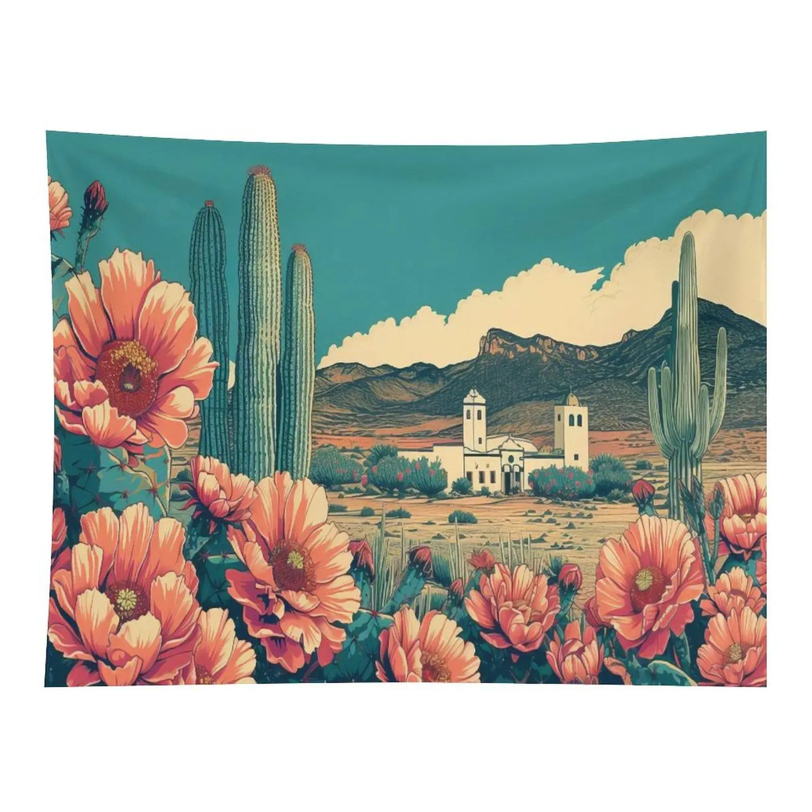 Vintage Desert Scene Fabric Wall Tapestry, Vibrant Giant Saguaro Cactus, Pink Poppy, White Mission Church, Mountain, Teal Sky Retro Print - Rectangular Room Accessories for Rustic Farmhouse Living Room Decor
