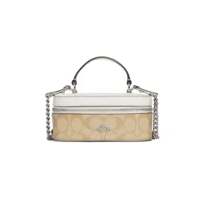 Coach Canvas 18 Leather Flip-Top Bag with Silver Logo Zipper. Small Crossbody and Handbag for Women in Brown and White.