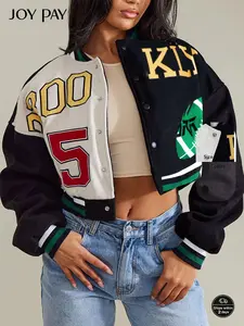 JOY PAY Sporty Patchwork Letter Varsity Jacket Casual Trendy Bomber Loose Fit High-Quality Fabric Baseball Style Coats for All Occasions Jeans Matching  HZ029