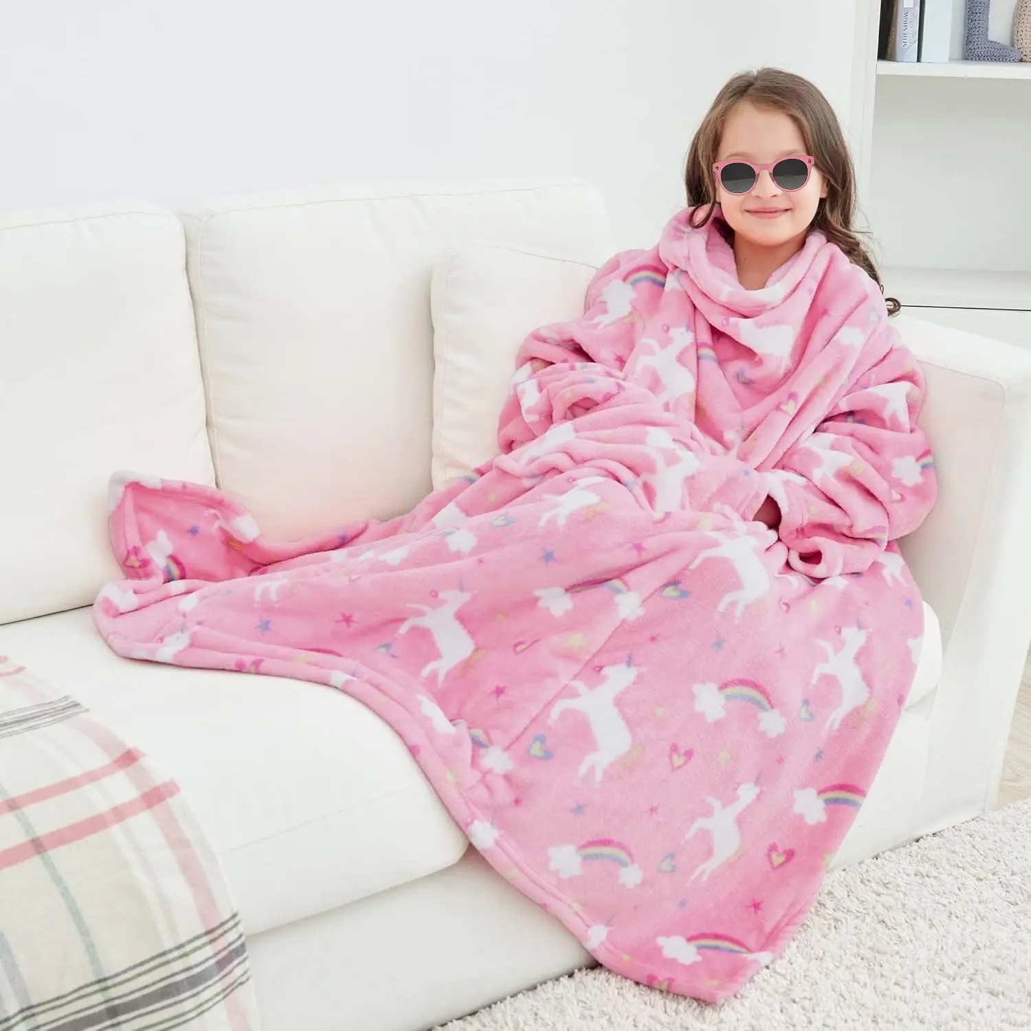 L-BN014 Kids' Wearable Fleece Blanket with Sleeves, Foot Pocket & Hook-and-Loop Closure - 48x48 in Rainbow Unicorn Pink, Adjustable Fit for Birthdays & Children’s Day, Pink Unicorn, 48 By 48 Inch