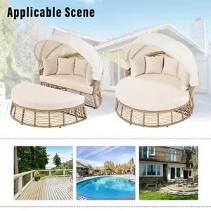 Outdoor Patio Rattan Round Daybed with Retractable Canopy, Wicker Furniture Round Poolside Sofa Sunbed with Removable Cushions, Backyard, Porch, Beige