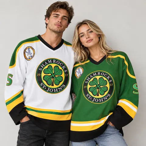 Ross The BOSS Rhea ST John's Shamrocks Stitched Hockey Jersey with EMHL Patch Comfortable Athletic Sports Outdoors Football Team Polyester Athleisure Street Fit Christmas gifts UglySweater