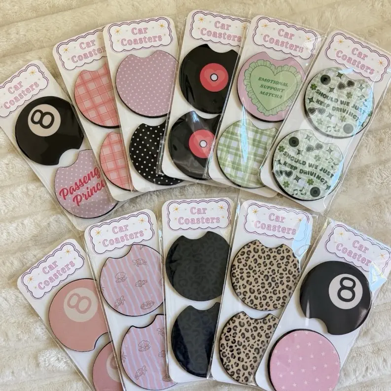 Cute Absorbent Car Coasters Mix and Match Set of 2 | 54 Designs Premium Neoprene 2.75 in Diameter Car Accessories Gift Set for Cup Holders