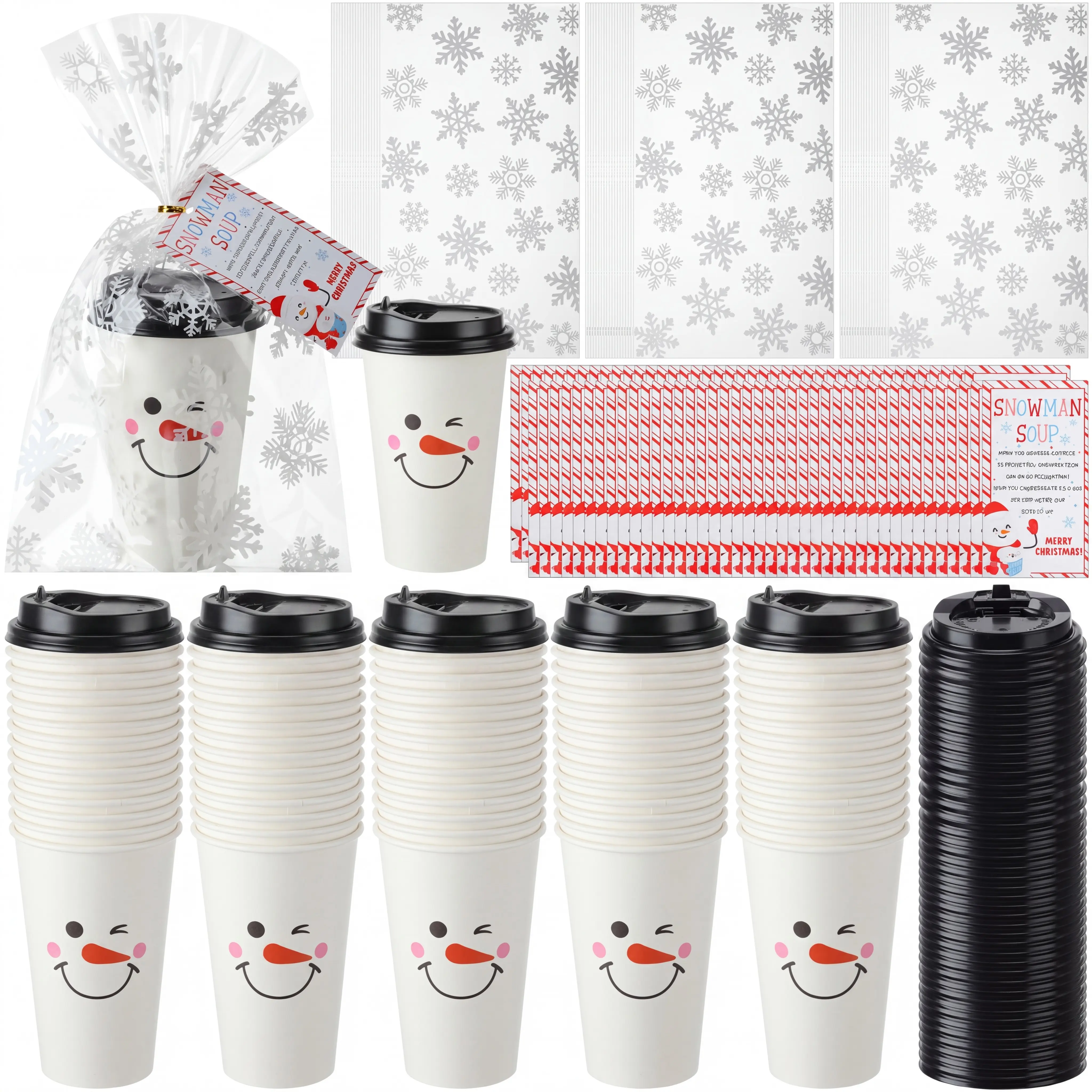 25/50/100Pcs Christmas Snowman Disposable Paper Cups with Lids Set Snowflake Cellophane Bags Twist Ties Hanging Xmas Soup Tags for Hot Cocoa Chocolate Winter Holiday Party Supplies for Teachers Classroom family Christmas Party Gift