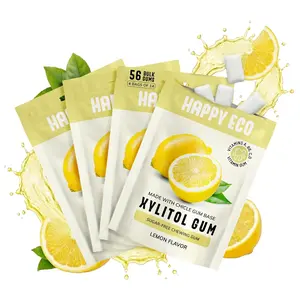 HAPPY ECO Xylitol Gum 4 Pack (56 Pieces) - Sugar Free, Plastic Free, Natural Chewing Gum and Vitamin Gum with Vitamins A,B6,C&D, Boost Gum, Aspartame Free, Vegan, Gluten Free, Keto (Lemon)