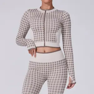 Women's Seamless Houndstooth Casual Sports High Waist Long Pants Jacket Waist Cinching Hip Lift Fitness Yoga Two-Piece Set Fashion Houndstooth Yoga Set Suitable for Fitness Training Sports Running Clothing