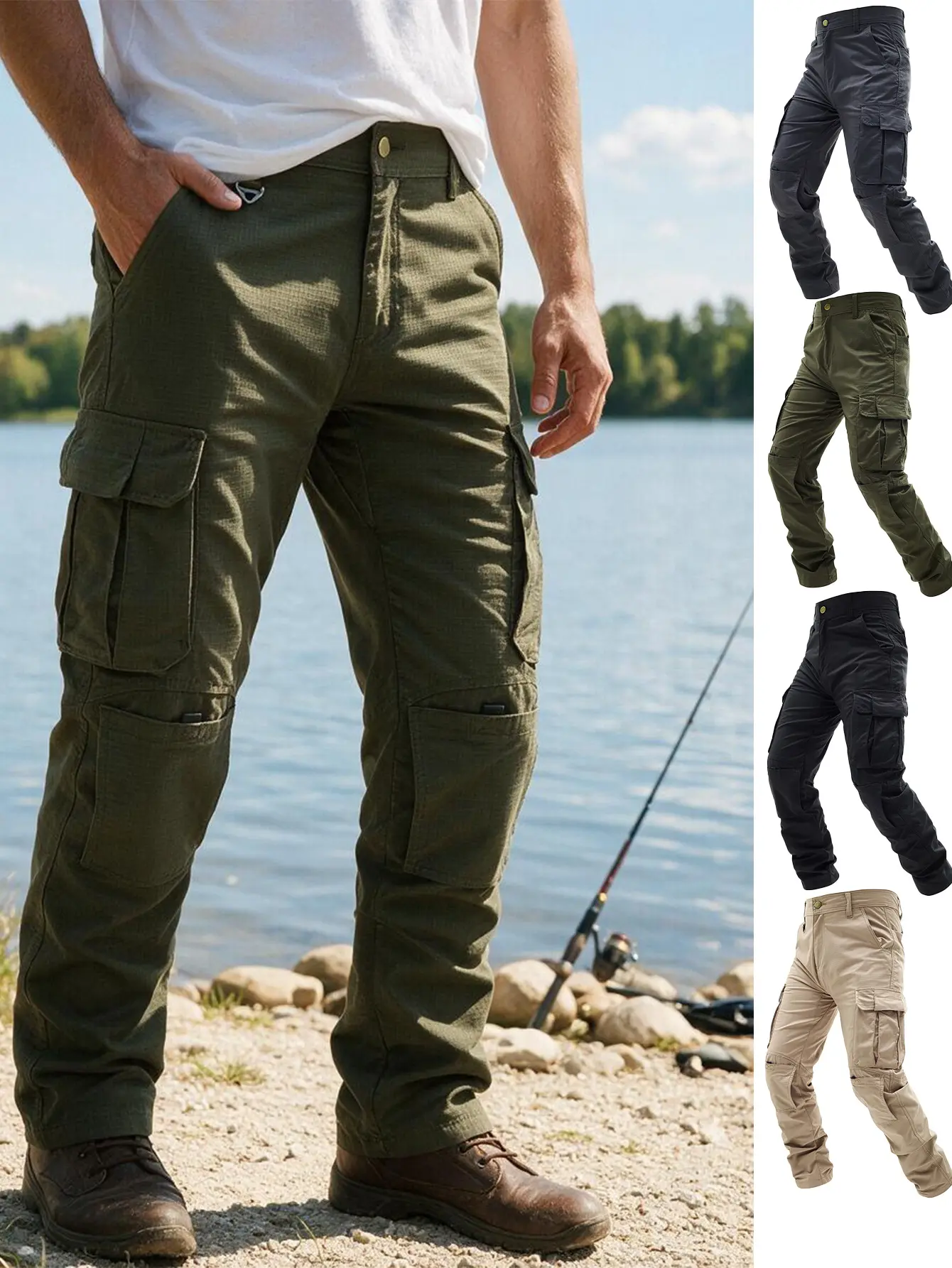 Men Multi-Pocket Cargo Pants,Wear Resistant Straight Outdoor Trousers, Multi Storage Pockets Fishing Hiking Camping Construction Work Streetwear Pants, 4 Classic Solid Color Options