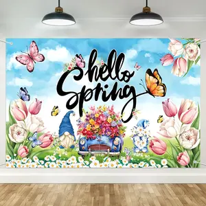 Hello Spring Gnome Door Banner, Spring Tulip Flower Truck Backdrop with Butterflies, Home Porch Party Supplies Decoration, Decorative Banner