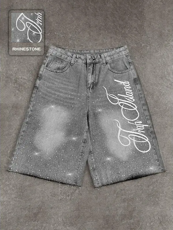 Casual Rhinestone Embellished Letter Embroidery Jorts, American Street Style High Waist Button-Fly Denim Shorts for All Seasons, Fashion Daily Wear, Y2K Vintage Washed Distressed Denim Shorts with Sparkle Rhinestones, Loose Fit Straight Leg Capris for Wom