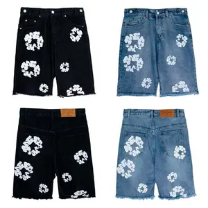 American High Street Trendy Brand Kapok Printed Jeans Men And Women Loose Casual Denim Shorts Trendy Five-point Pants Blue Cotton