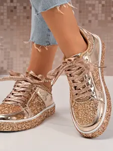 Rose Gold Sequin Sports Shoes, Soft Sole Comfortable, Casual Board Sneakers for Women, All Seasons, Versatile and Fashionable