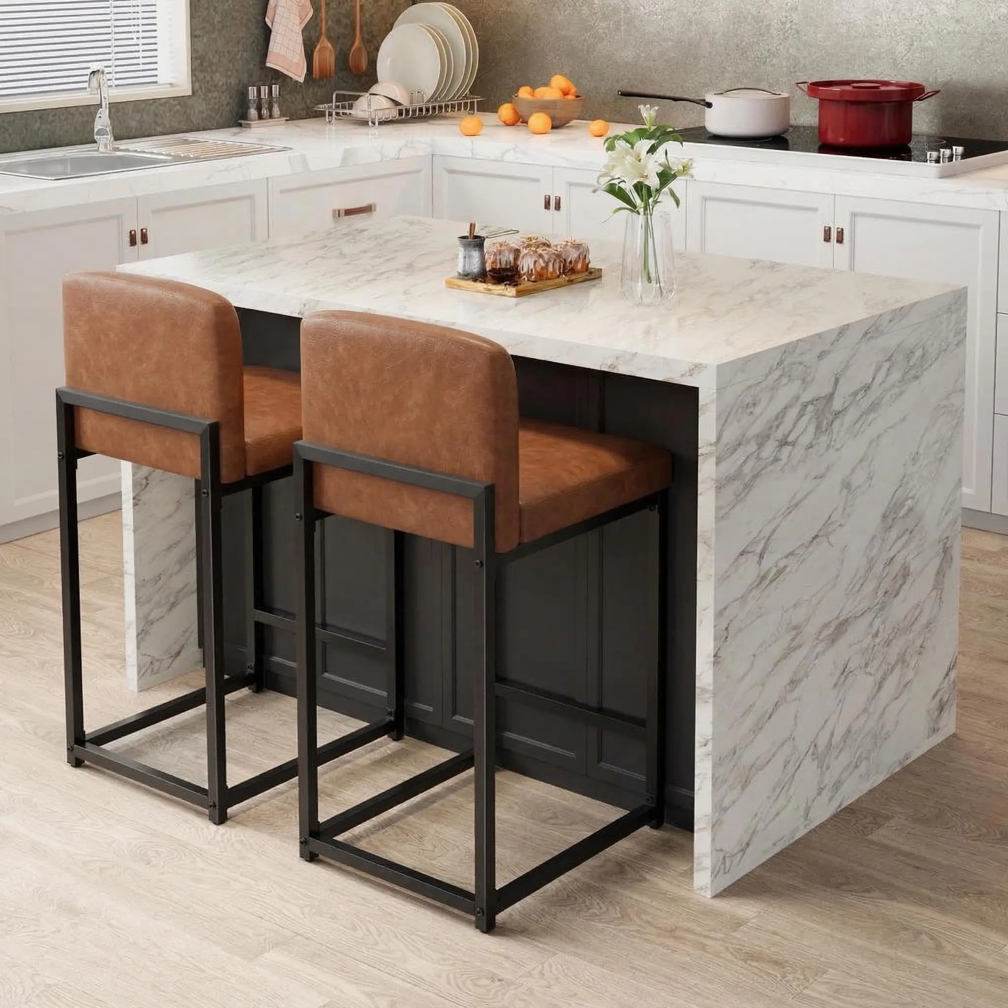 Garvee Set of 2 Modern Bar Stools - 25-Inch Counter Height Chairs with Upholstered Backrest & Footrest - White Faux Leather, Metal Legs, Comfortable Seating for Kitchen Island, Dining Room or Home Bar