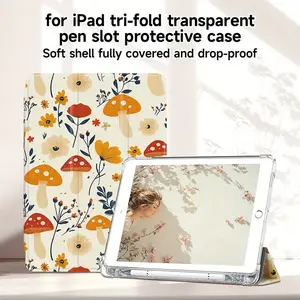 Tri-Fold Protective Case for iPad, Compatible with iPad Tablet Stand Feature, Floral Mushroom Design, Quality Craftsmanship Computer Casing