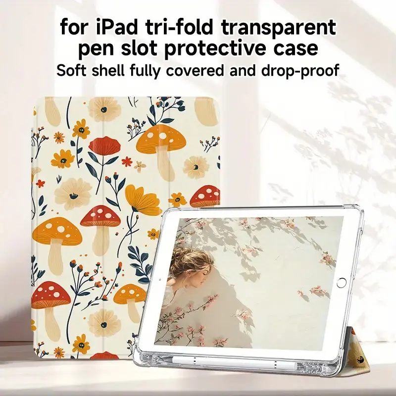 Tri-Fold Casing for iPad, Floral Mushroom Design Tablet Protective Cover, Stand Feature, Quality Craftsmanship, Full Protection, Tablet Accessory