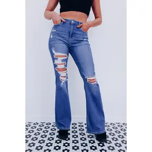 Davi Distressed Flare Jeans - Medium Wash