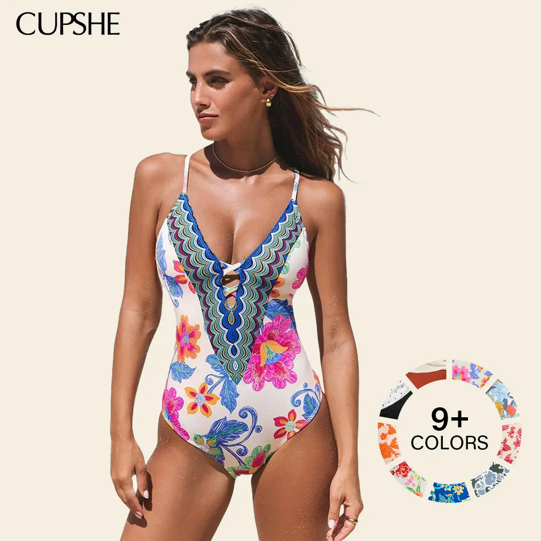 CUPSHE Boho Floral One-Piece Swimwear | Sculpting Tummy Control Swimsuit, Plunging V-Neck & Adjustable Straps Summer Beach Holiday Bathing suit #summerfinds