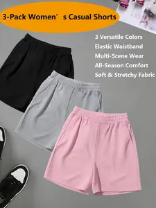 3Pcs Women's Solid, Elastic Waist, High Waist Fitted Shorts Set Breathable Skin-Friendly Stretch Fabric Soft Shorts Versatile for Dating Commuting Running Fitness & Lounging All-Match Bottoms Ideal for Spring Summer Comfortable Slimming Shorts