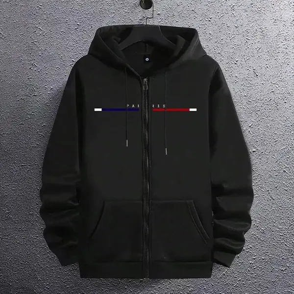 Men's Paris Stripe Zip-Up Hoodie | Casual Streetwear Jacket in Medium Size Black Color Men's Paris Stripe Zip-Up Hoodie | Casual Streetwear Jacket in Medium Size Black Color