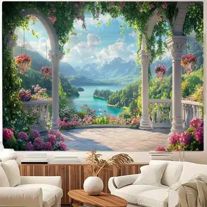 1pc Retro Palace Roman Columns Sea Waterfall View Tapestry - Elegant Wall Hanging Art with Lush Greenery & Serene Lake, Horizontal Printed Fabric for Living Room Decor, Indoor Home Wall Art, Home Aesthetic Enhancement |     Retro Palace Design |     Artis