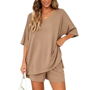 Womens Summer 2-Piece Lounge Set Oversized V-Neck Half Sleeve Top with Shorts for Travel & Beach