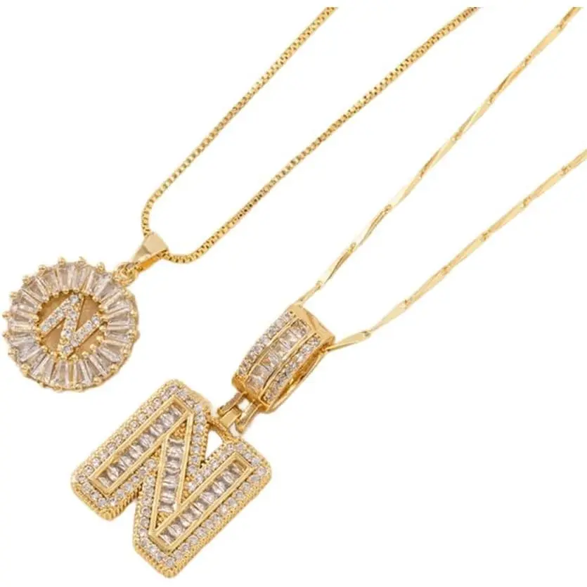 Women's Gold Plated Chunky Statement Necklace - 2-Initial Alphabet Pendant with Zircon & Baguette Crystals, Elegant Adjustable Extension Chain, Personalized Initials Accessory, Necklace With Initials