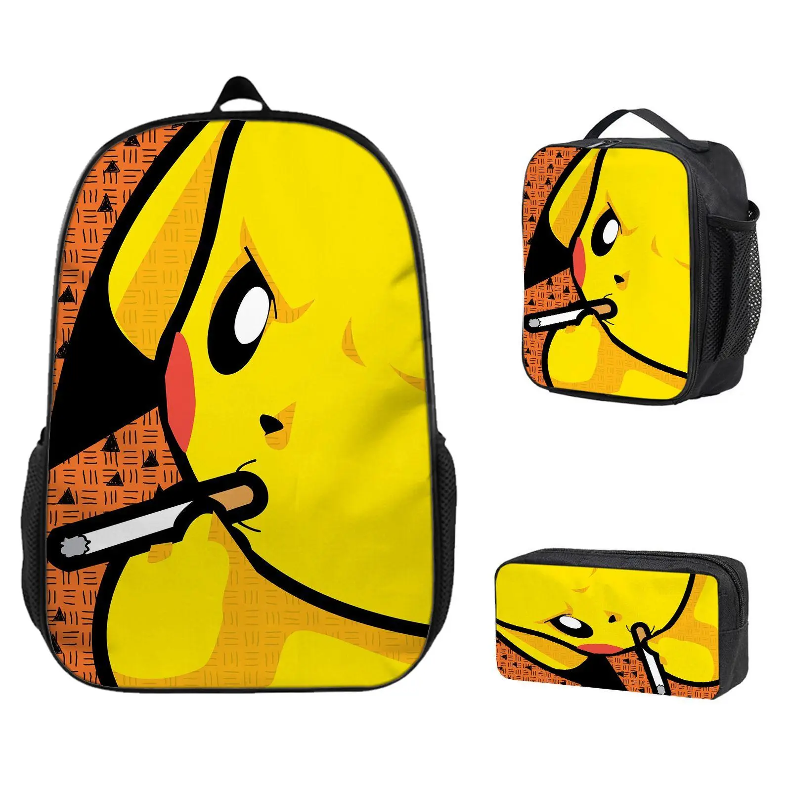 3-Piece Lightweight Casual Backpack Set - Insulated Lunch Bag, Zipper-Closure Pencil Case, Funny Pikachu Smoking Cigarette Cartoon Print, High-Quality Anime Gift for Children, Casual Set