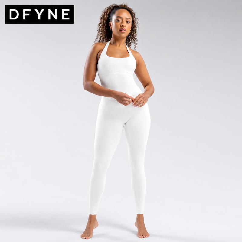 Dfyne Women's 2-Piece Seamless Workout Set - Halter Square Neck Sports Bra & High Waisted Full Length Butt Lifting Leggings, Seamless Fabric, Gym Yoga Clothing, Workout Gear, Breathable Sleeveless Activewear