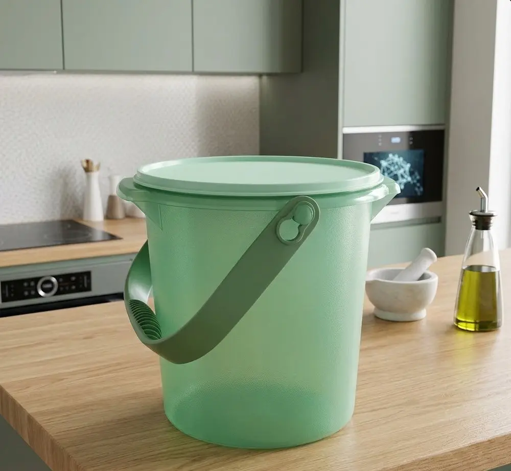 Round PP Handle Bucket with Lid, 8.5L Green Home Supplies Storage Container for Everyday Household Use
