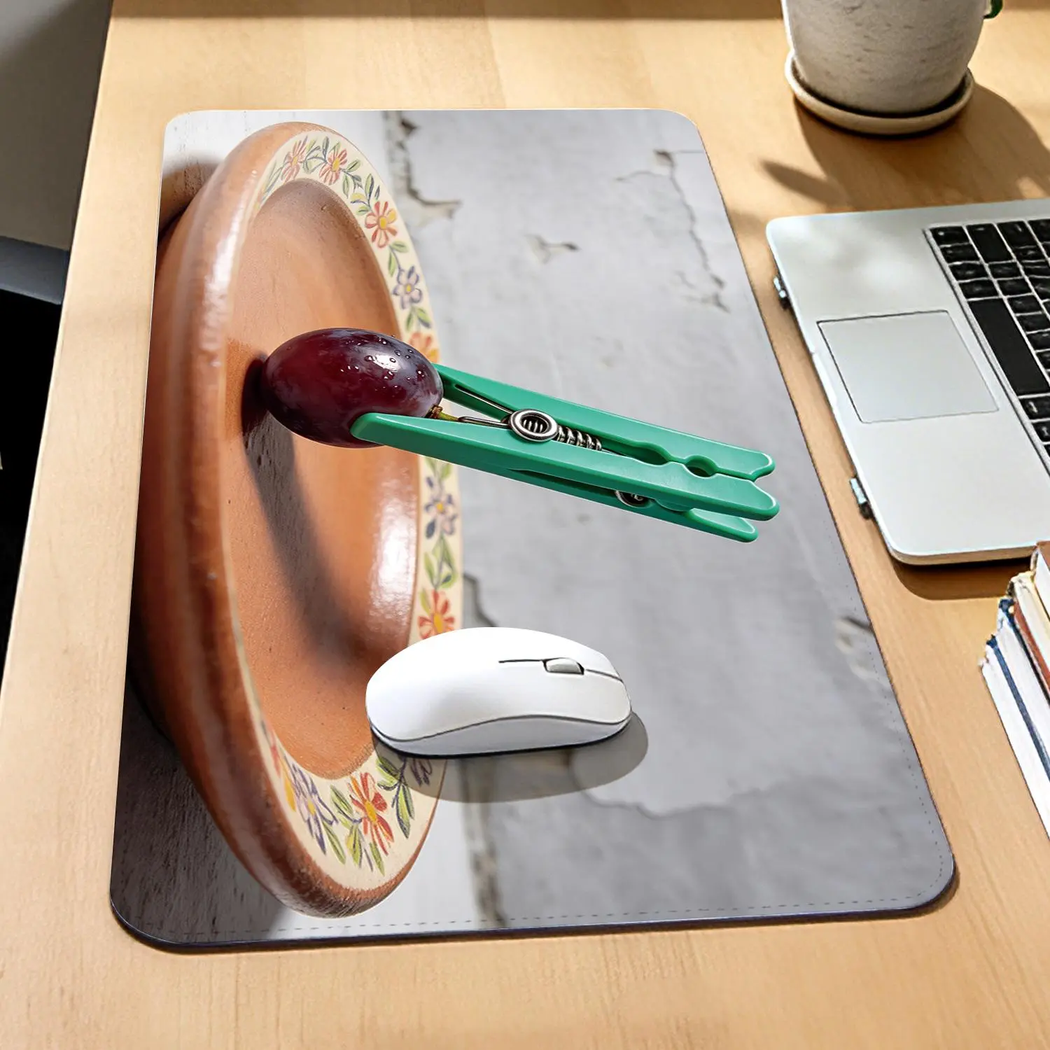 Premium Rectangular Purple Grape & Green Clothespin on Floral Ceramic Plate Gaming Mousepad, Non-Slip Rubber Base, Precision Control, Durable Office & Computer Desk Mat, 40x80cm