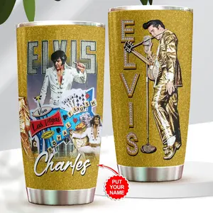 Personalized Elvis Presley Gold 20oz Tumbler, Custom Name King of Rock Travel Mug, Elvis Fan Gift