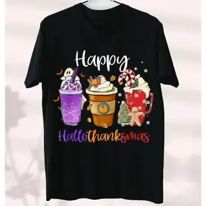 Happy Hallothanksmas Coffee Latte Halloween Thanksgiving T-Shirt