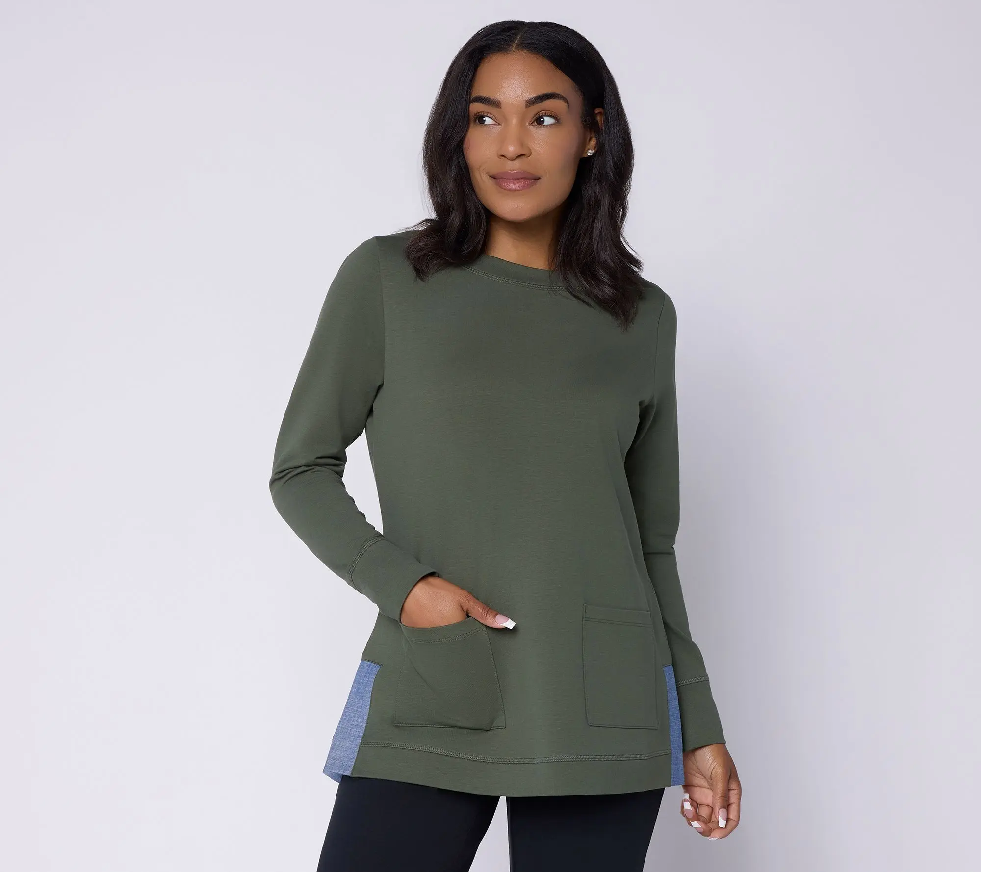 Denim & Co. Active Regular French Terry Tunic with Chambray Detail