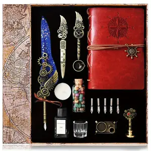 Vintage Quill Pen Set - Mechanical Wing Feather Pen Set With Seal Wax, Leather Notebook And Letter Opener | Calligraphy & Sketching Gift for School Season, Thanksgiving, Christmas
