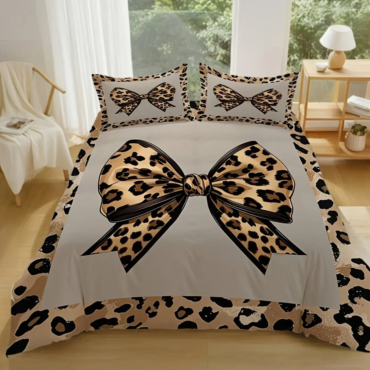 3-piece leopard print bow pattern bedspread set (1 bedspread + 2 pillowcases, without core), soft and comfortable bedding, Comfy Bedding Set, suitable for bedroom, dormitory, guest room home decoration, Decorative Bedding Set