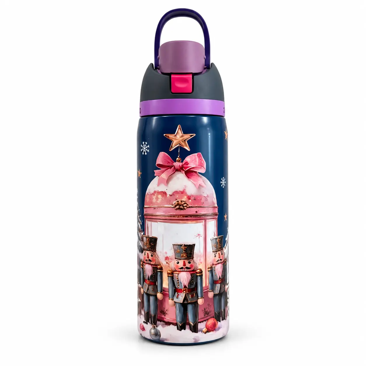 Owala Nutcracker Christmas Water Bottle with Pink Bow & Snowflake Design, Insulated Stainless Steel FreeSip Bottle with Carry Loop, Holiday Gift for Her built-in straw tumbler