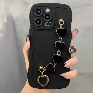 Heart Charm Phone Case with Chain, Full Body Shockproof Phone Protective Cover, Fashion Phone Accessories Compatible with iPhone 11 12 13 14 15 Pro Max, Casing, Black, Cellphone, Smartphone