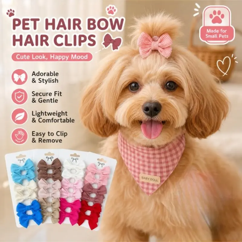 12 different colors of cute, Adorable, stylish, sturdy and secure Small pet bow hair clips | No pulling, no slipping, comfortable all day