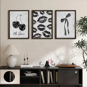 3pcs/set Frameless Black and white minimalist decoration, elegant frameless canvas poster with sexy lips and retro cherry